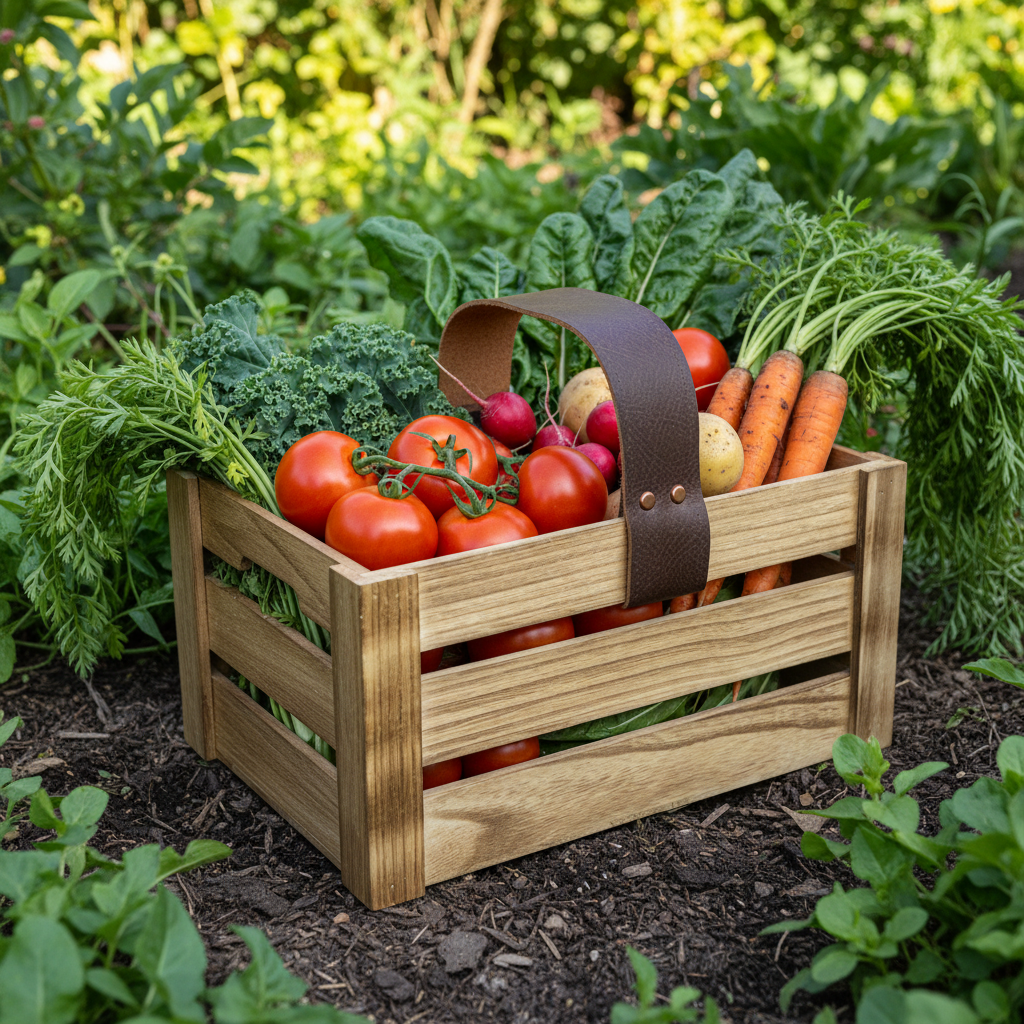 Heirloom Garden Gathering Trug - Eco-Friendly Crate with Leather Handle for Harvesting
