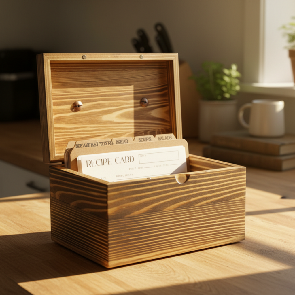 Heirloom Recipe Box – Acacia Wood with Leather Label, Dividers & Cards