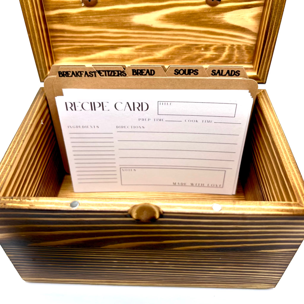 Heirloom Recipe Box – Acacia Wood with Leather Label, Dividers & Cards