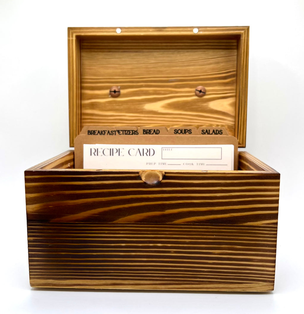 Heirloom Recipe Box – Acacia Wood with Leather Label, Dividers & Cards