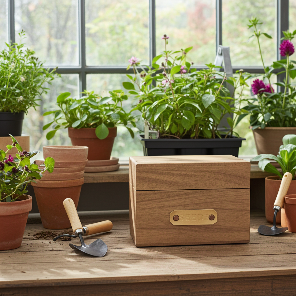 Seed Organizer Box – Acacia Wood Seed Storage with Leather Label, Personalized Garden Storage